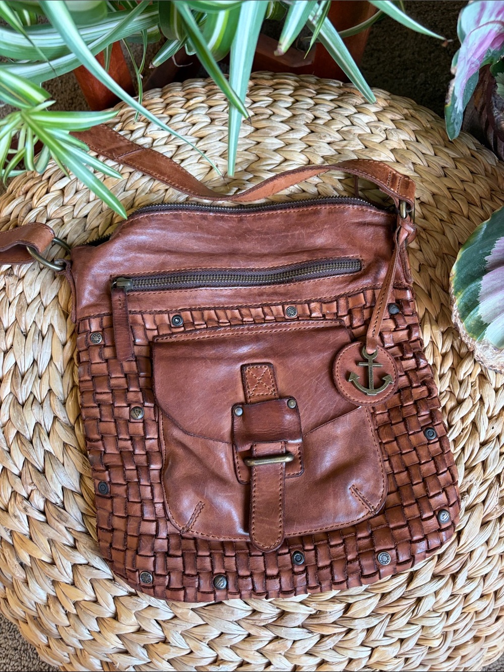 Woven Leather Crossbody Bag in Chestnut Brown